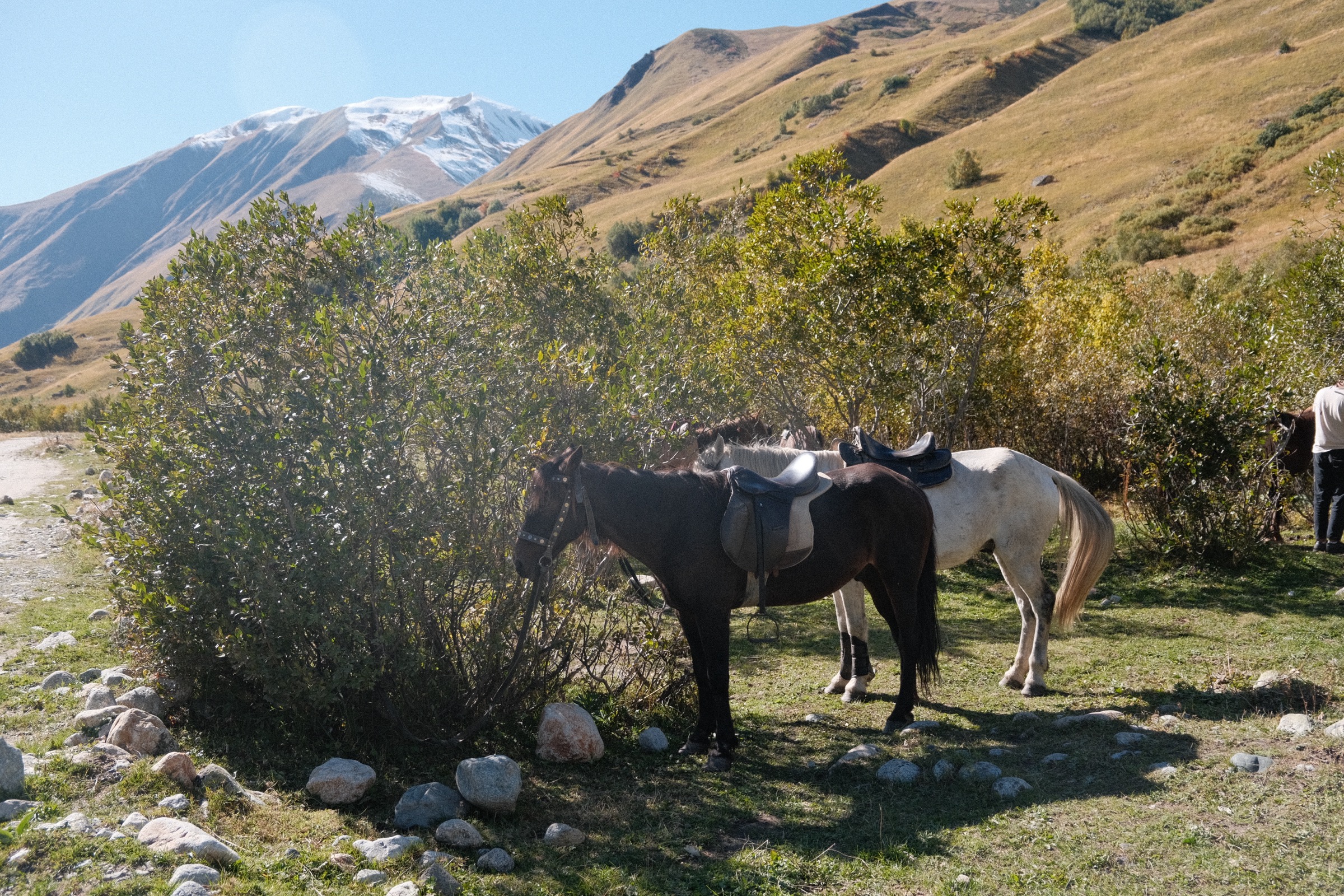 Riders passing a small chapel above Ushguli