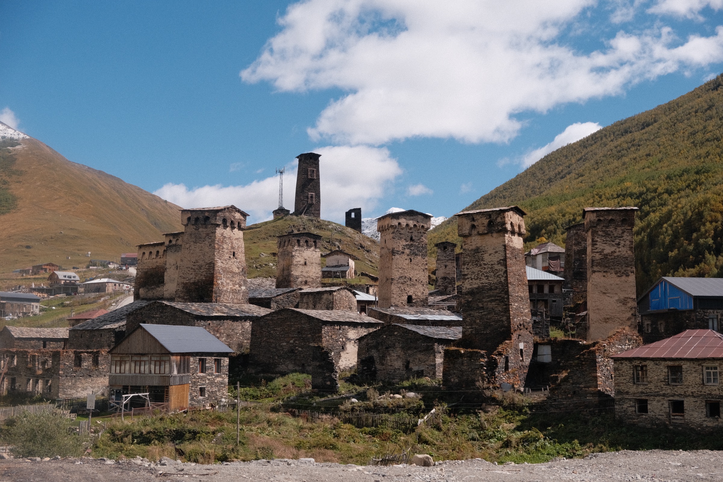 Horse riding and tower village in Ushguli, Svaneti, Georgia.